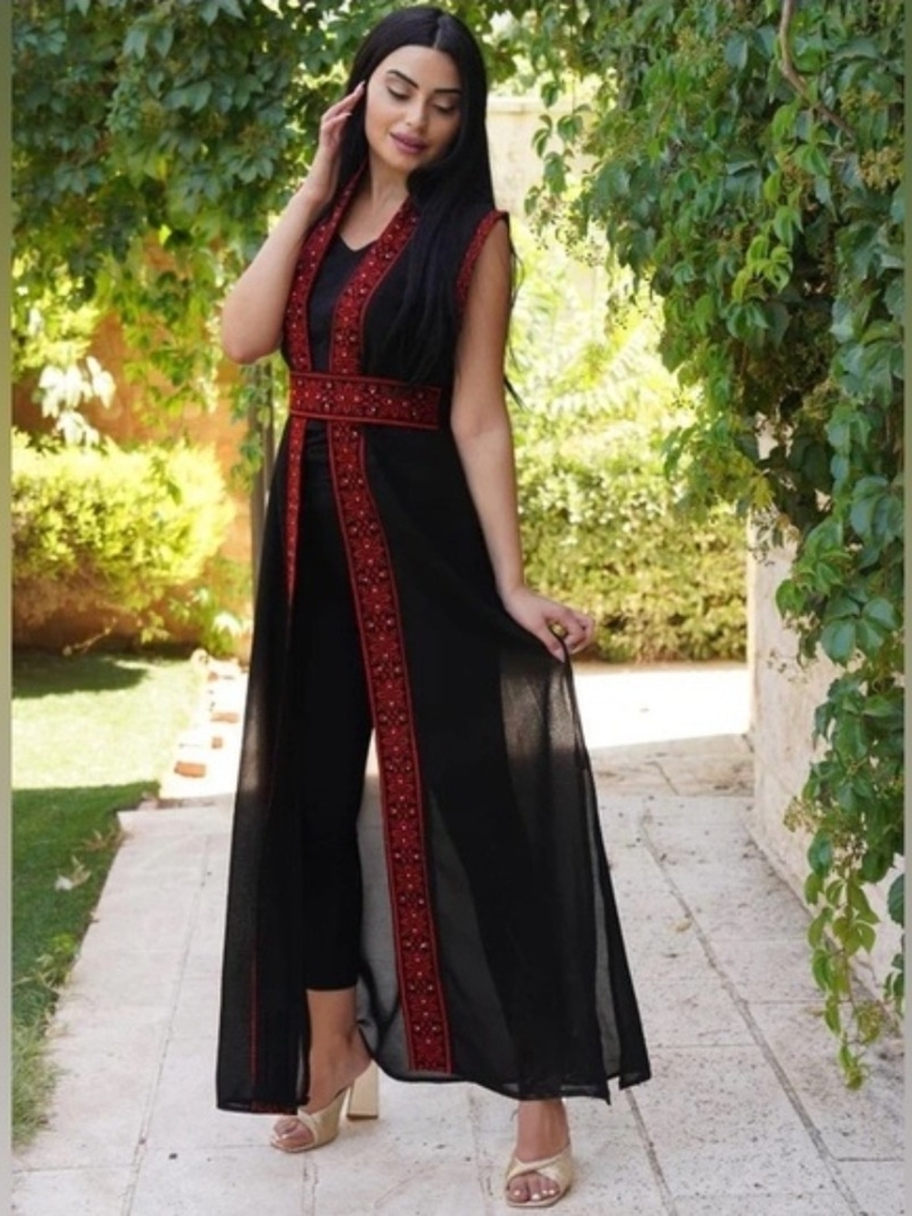 New Black & Red Embroidered Rhinestones Long Vest With Matching Belt for Women